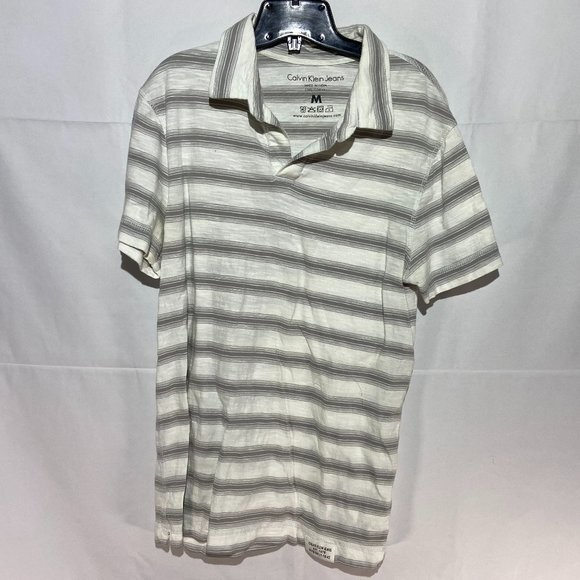 Calvin Klein White Grey Striped Polo Shirt LIKE NEW - Picture 1 of 4